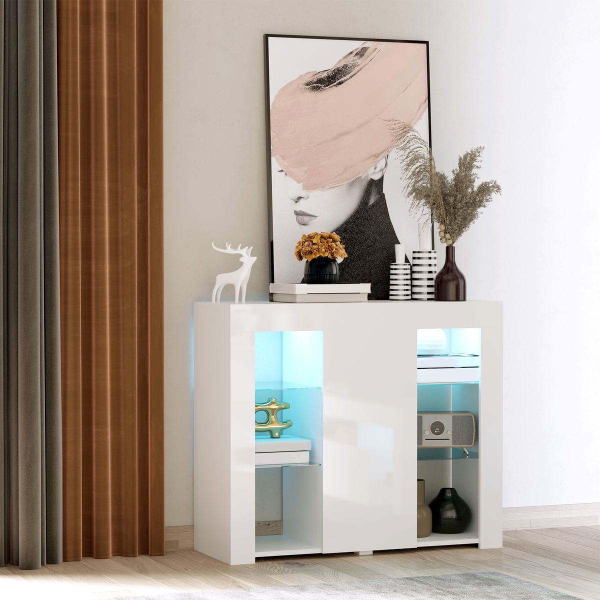 Aparador Lummen Homcom 6 estantes + puerta + luces LED blanco brillo 83x97x35 cm fondo animado