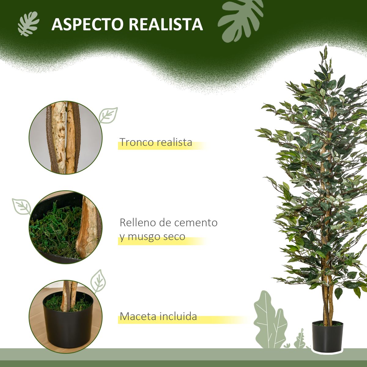 Planta decorativa Homcom imitación ficus benjamina verde 150 cm