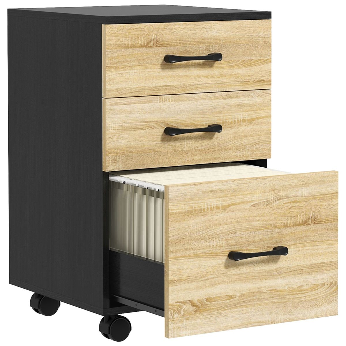 Cajonera Nisset Homcom 3 cajones + archivador + 4 ruedas roble/negro 65x40x42 cm