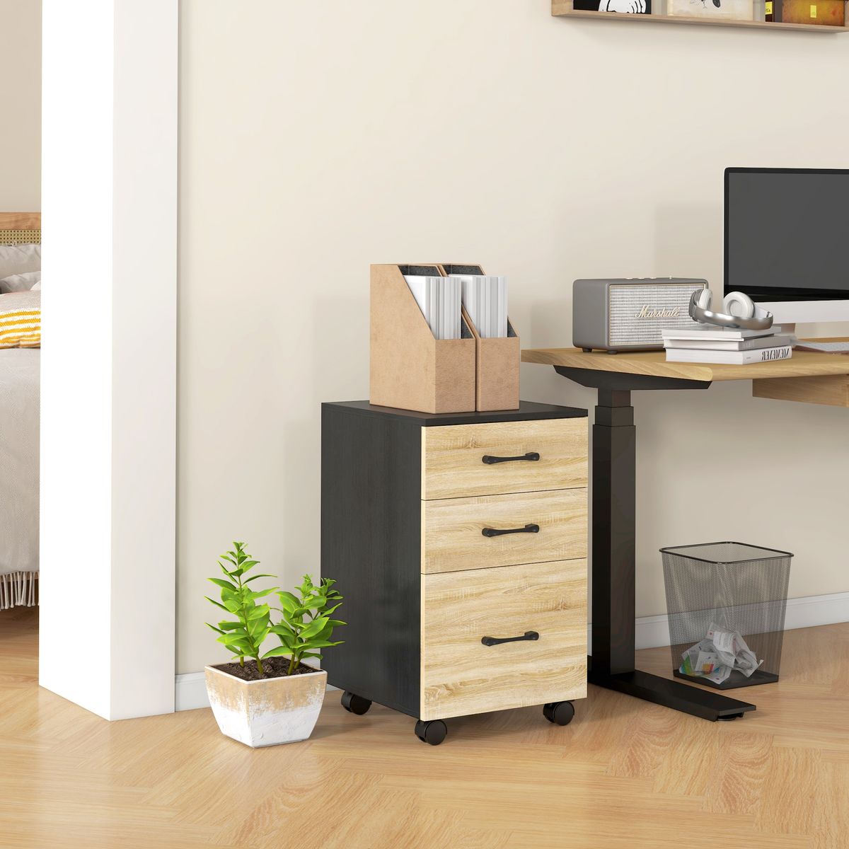 Cajonera Nisset Homcom 3 cajones + archivador + 4 ruedas roble/negro 65x40x42 cm