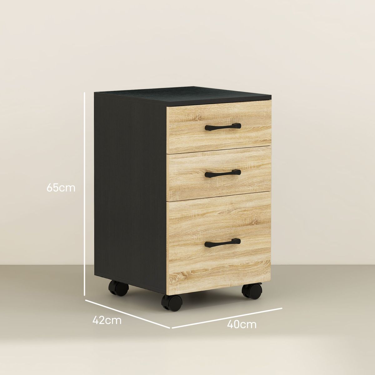 Cajonera Nisset Homcom 3 cajones + archivador + 4 ruedas roble/negro 65x40x42 cm