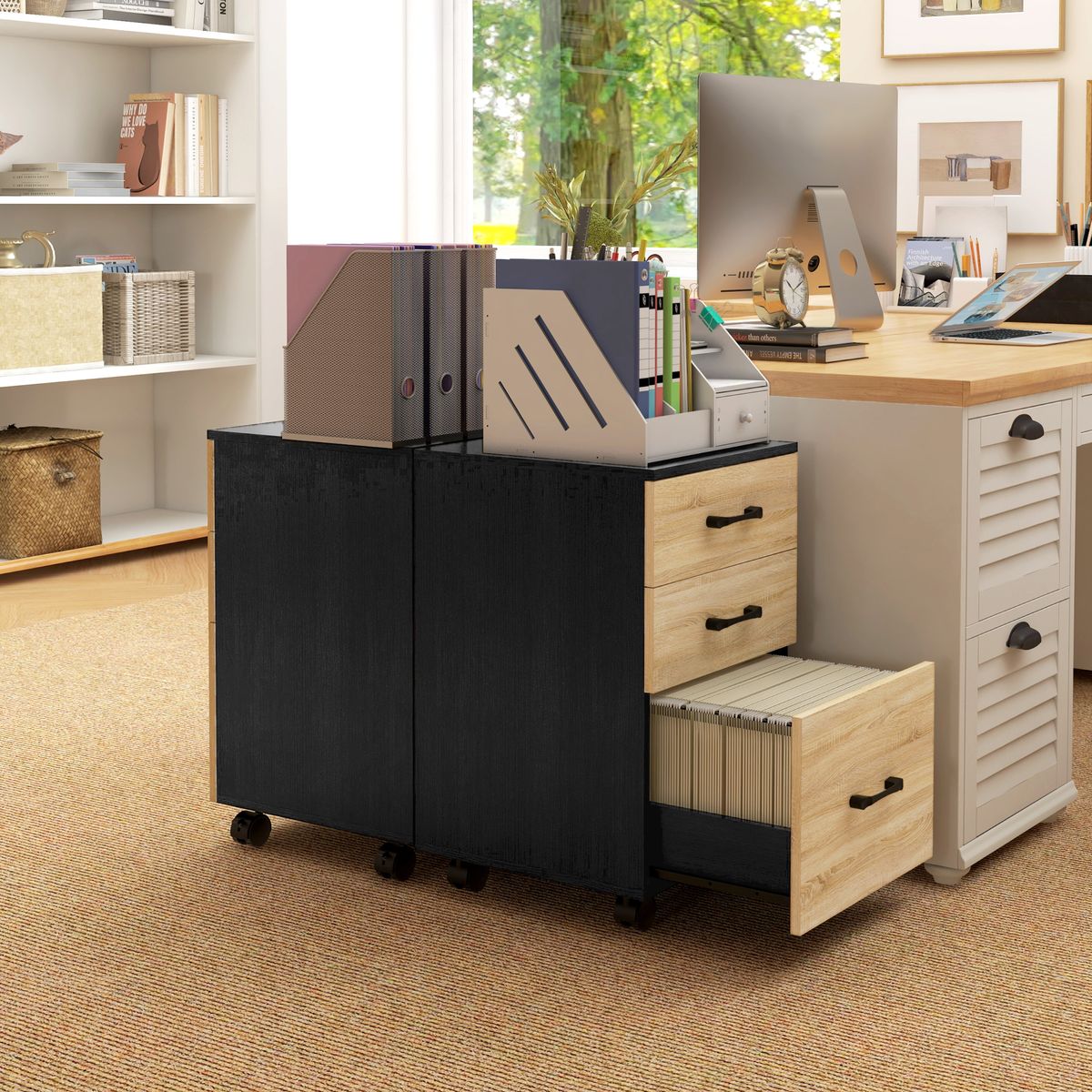 Cajonera Nisset Homcom 3 cajones + archivador + 4 ruedas roble/negro 65x40x42 cm
