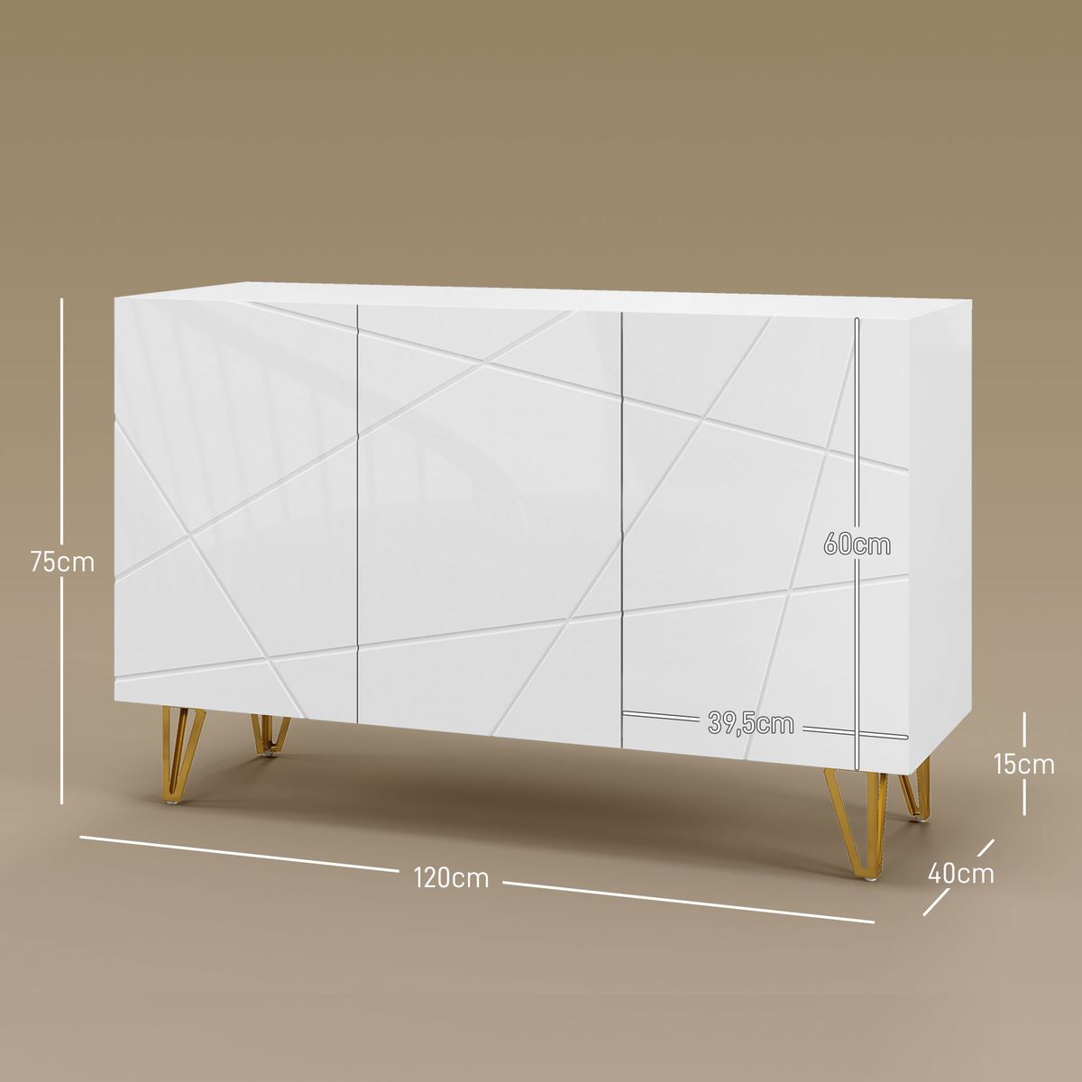 Aparador Sable Homcom 3 puertas blanco brillo 75x120x40 cm medidas