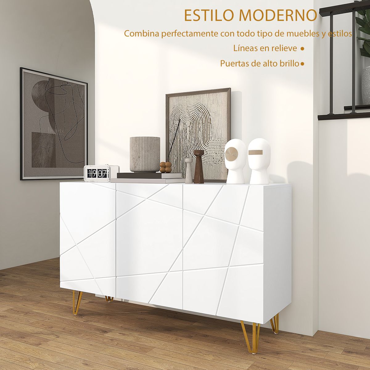 Aparador Sable Homcom 3 puertas blanco brillo 75x120x40 cm