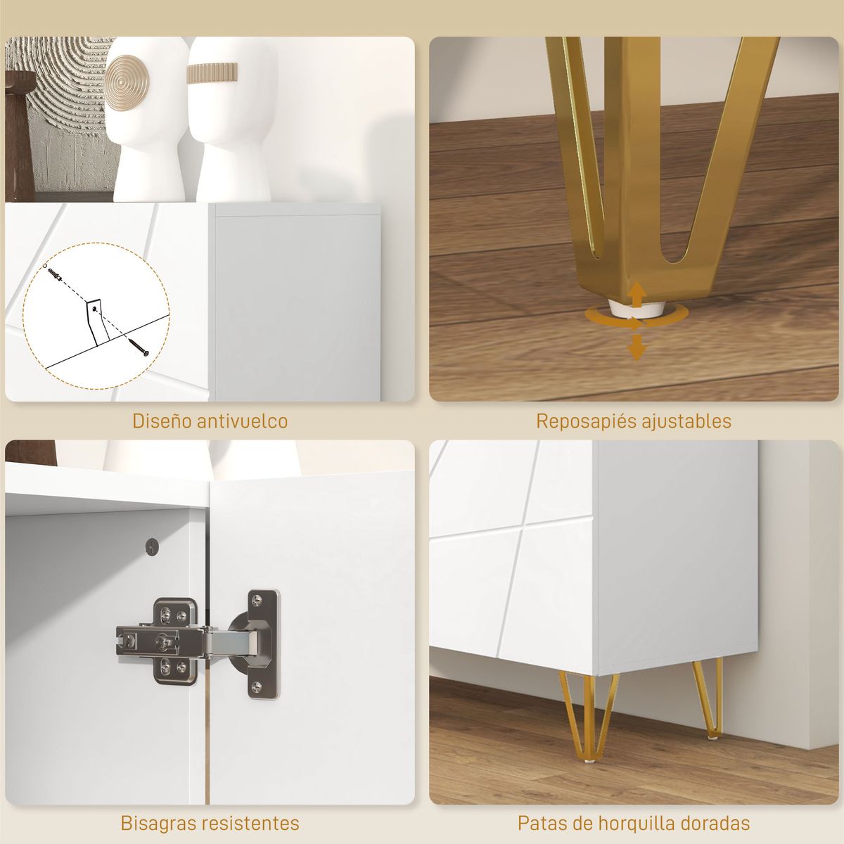 Aparador Sable Homcom 3 puertas blanco brillo 75x120x40 cm