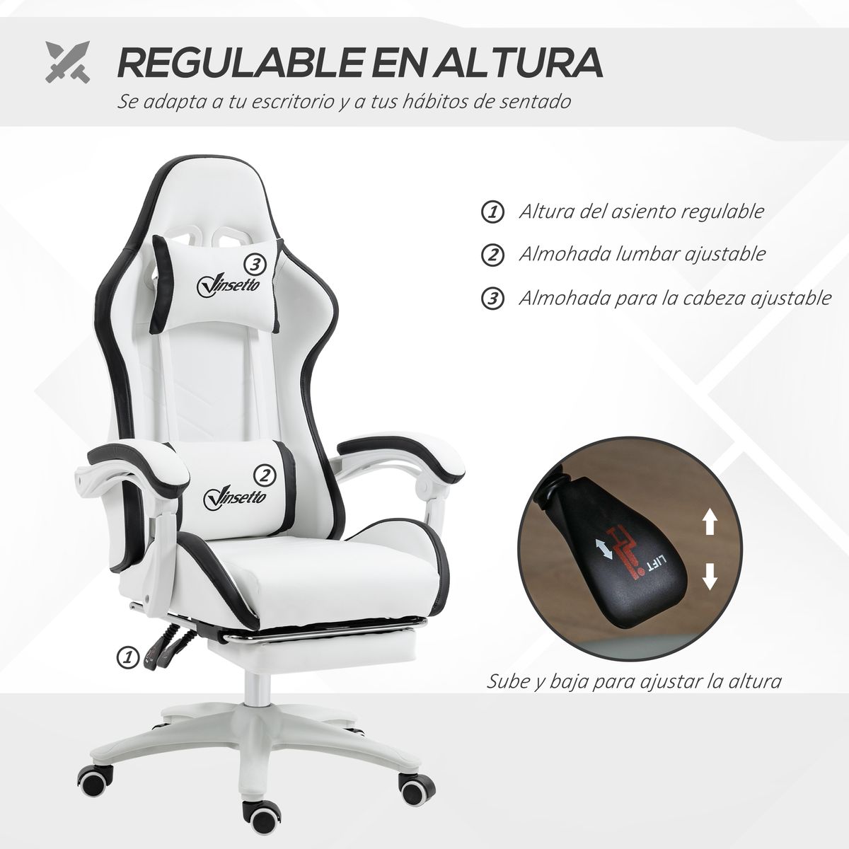 Silla gaming Blane Vinsetto altura regulable con reposapiés blanco 121-129x65x65 cm