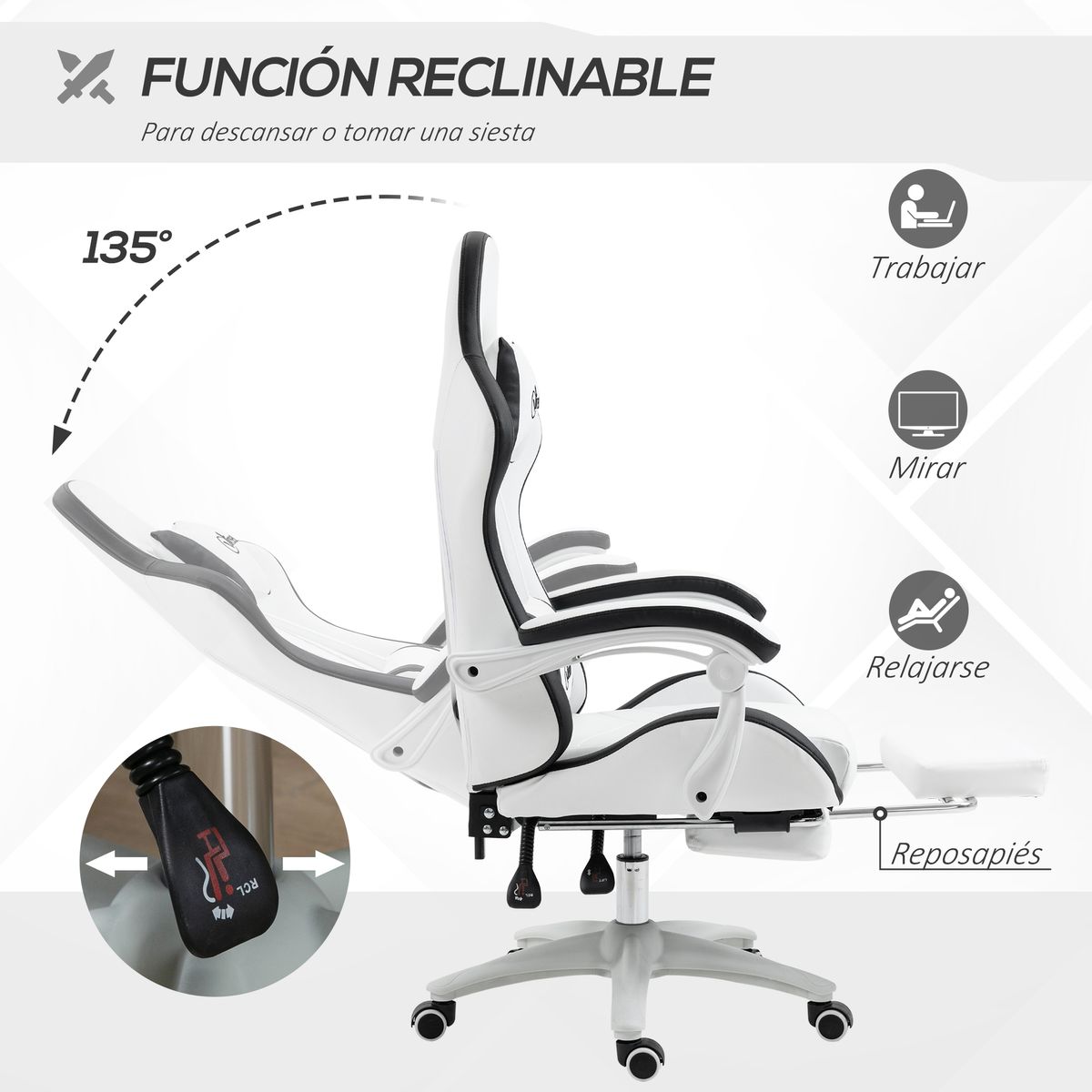 Silla gaming Blane Vinsetto altura regulable con reposapiés blanco 121-129x65x65 cm