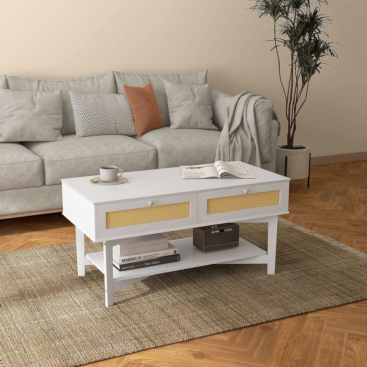 Mesa de centro Hibba Homcom 2 cajones + estante blanco 50x100x50 cm