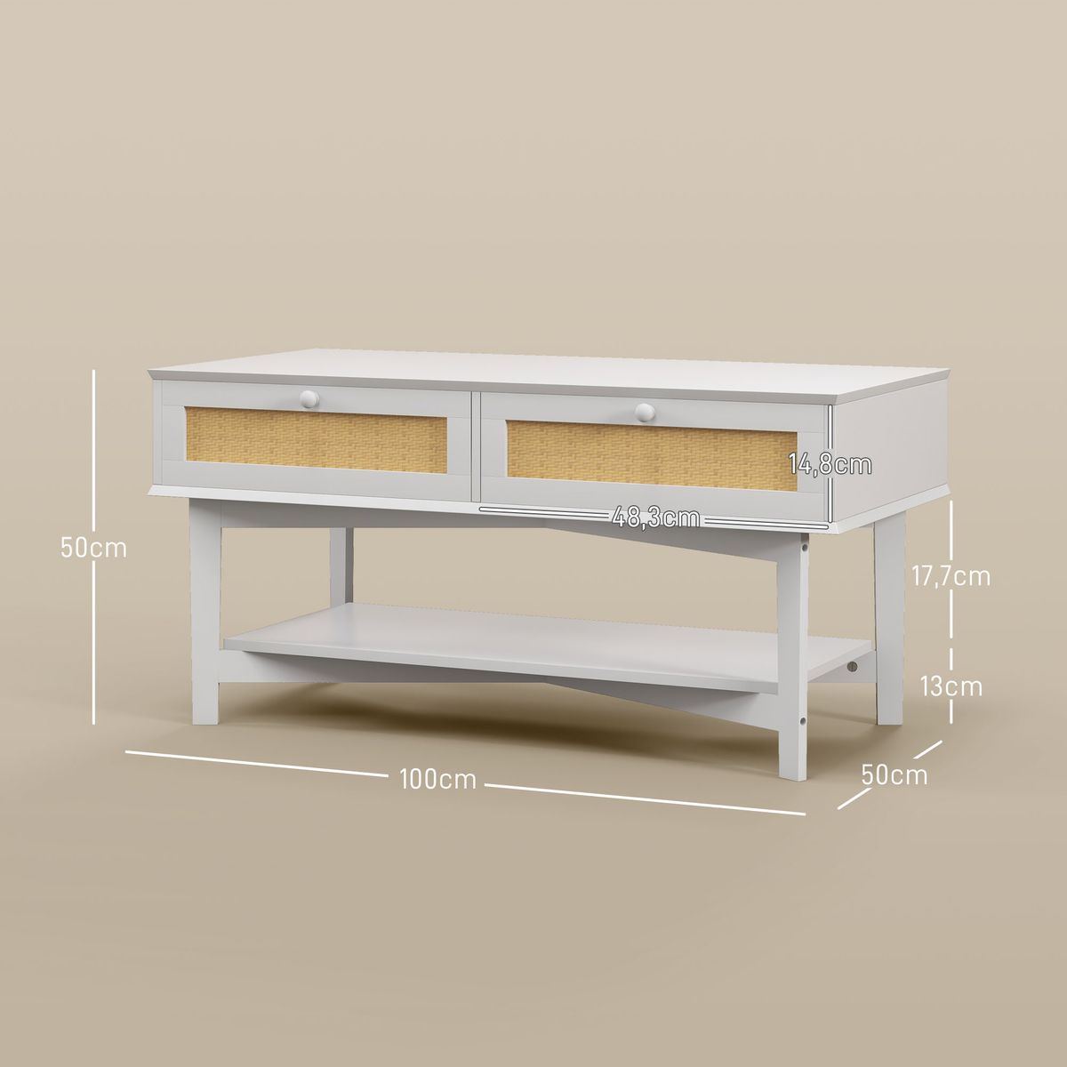 Mesa de centro Hibba Homcom 2 cajones + estante blanco 50x100x50 cm