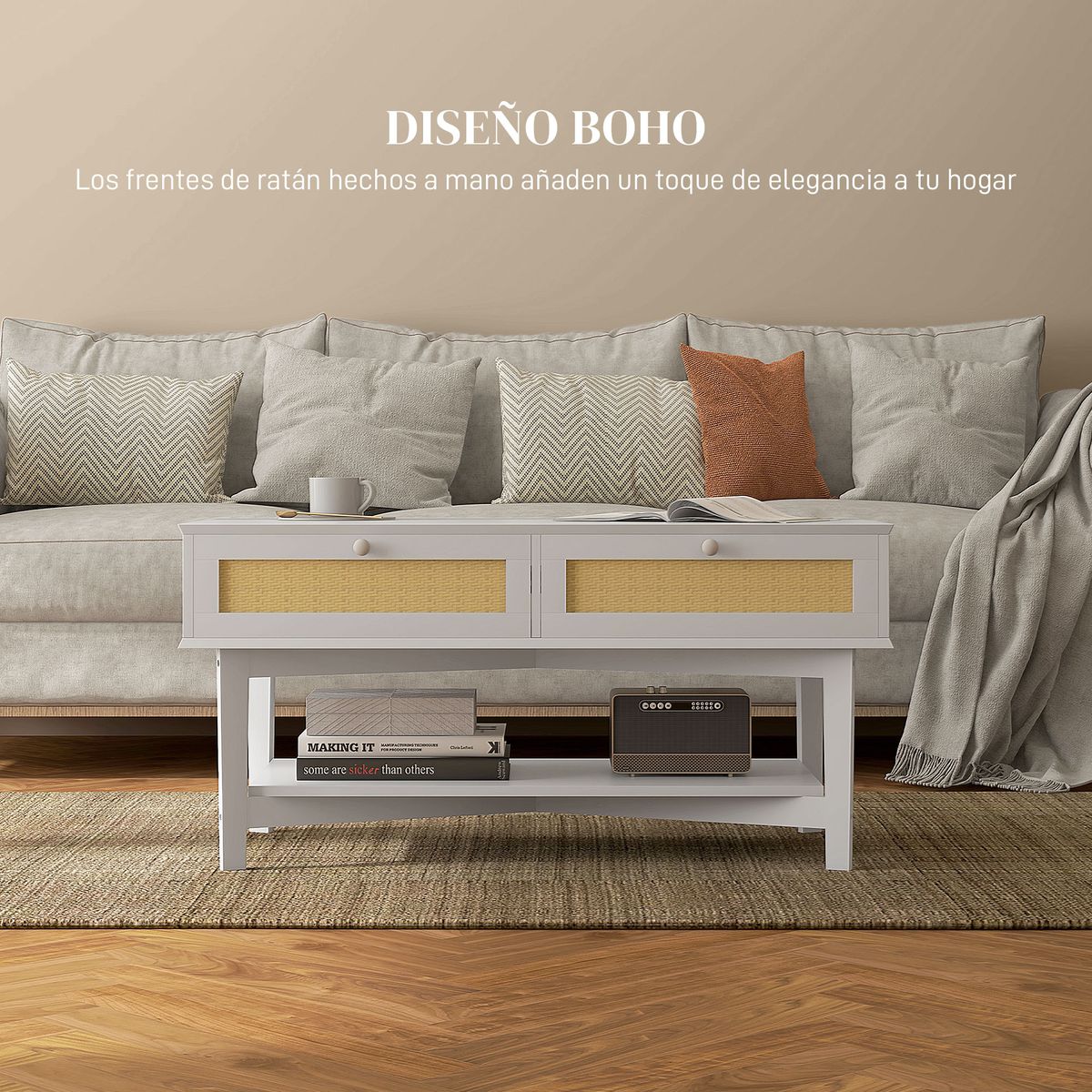 Mesa de centro Hibba Homcom 2 cajones + estante blanco 50x100x50 cm