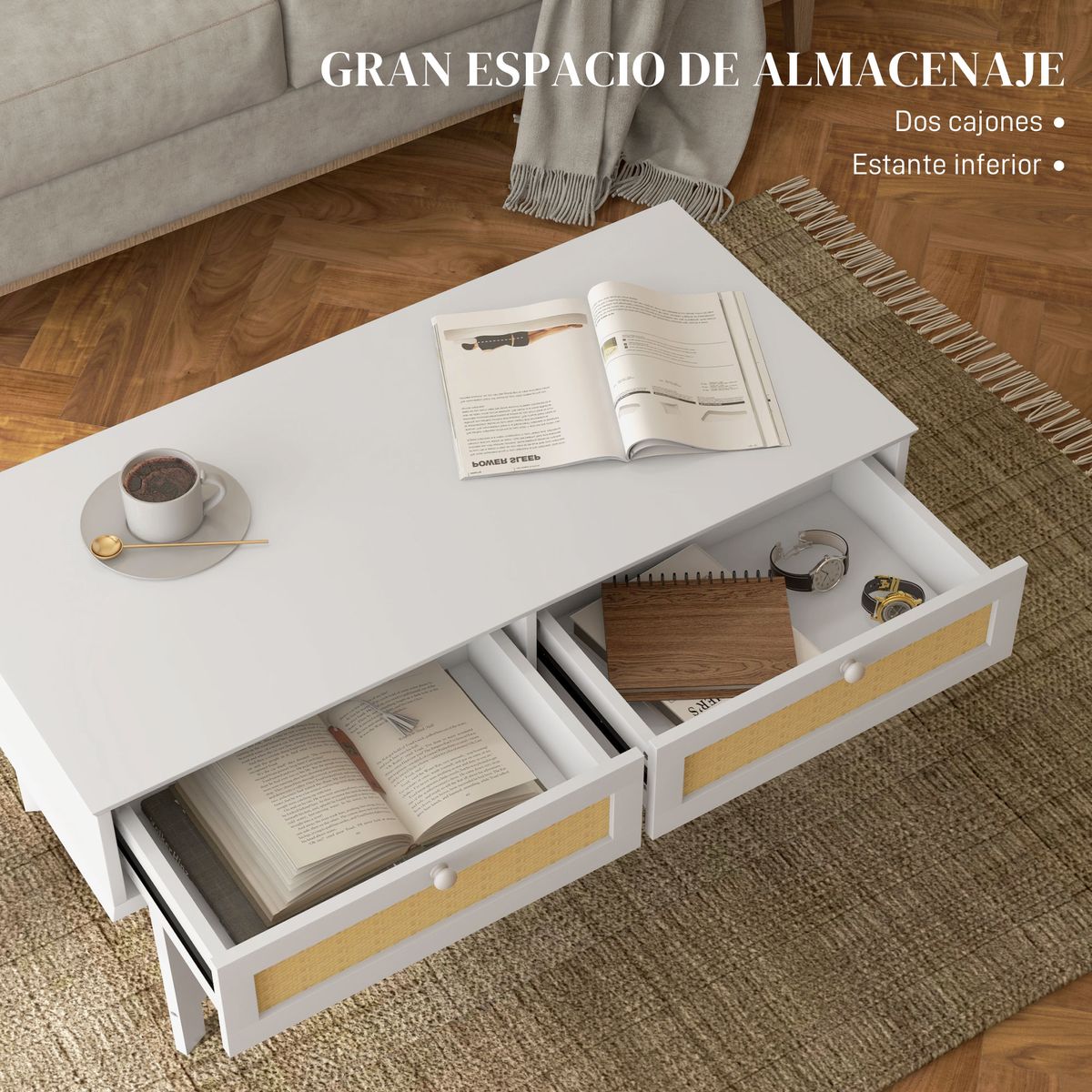 Mesa de centro Hibba Homcom 2 cajones + estante blanco 50x100x50 cm