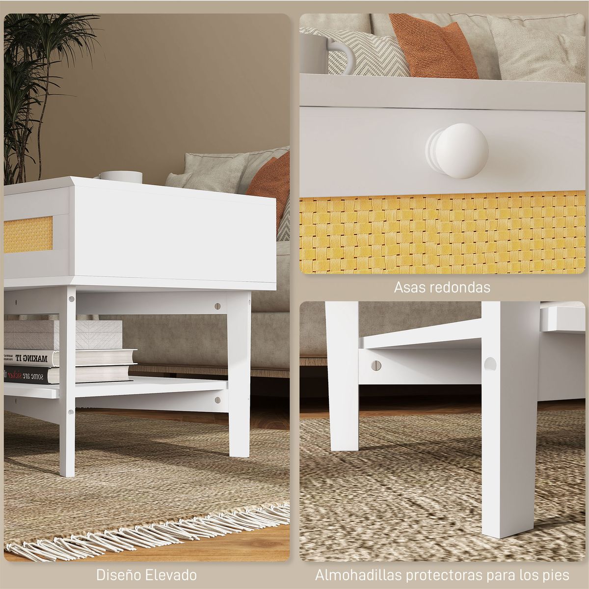 Mesa de centro Hibba Homcom 2 cajones + estante blanco 50x100x50 cm