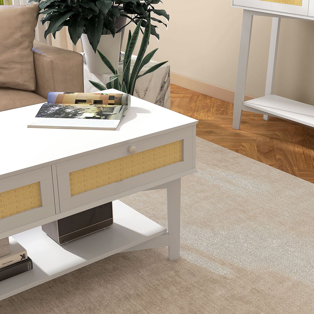 Mesa de centro Hibba Homcom 2 cajones + estante blanco 50x100x50 cm