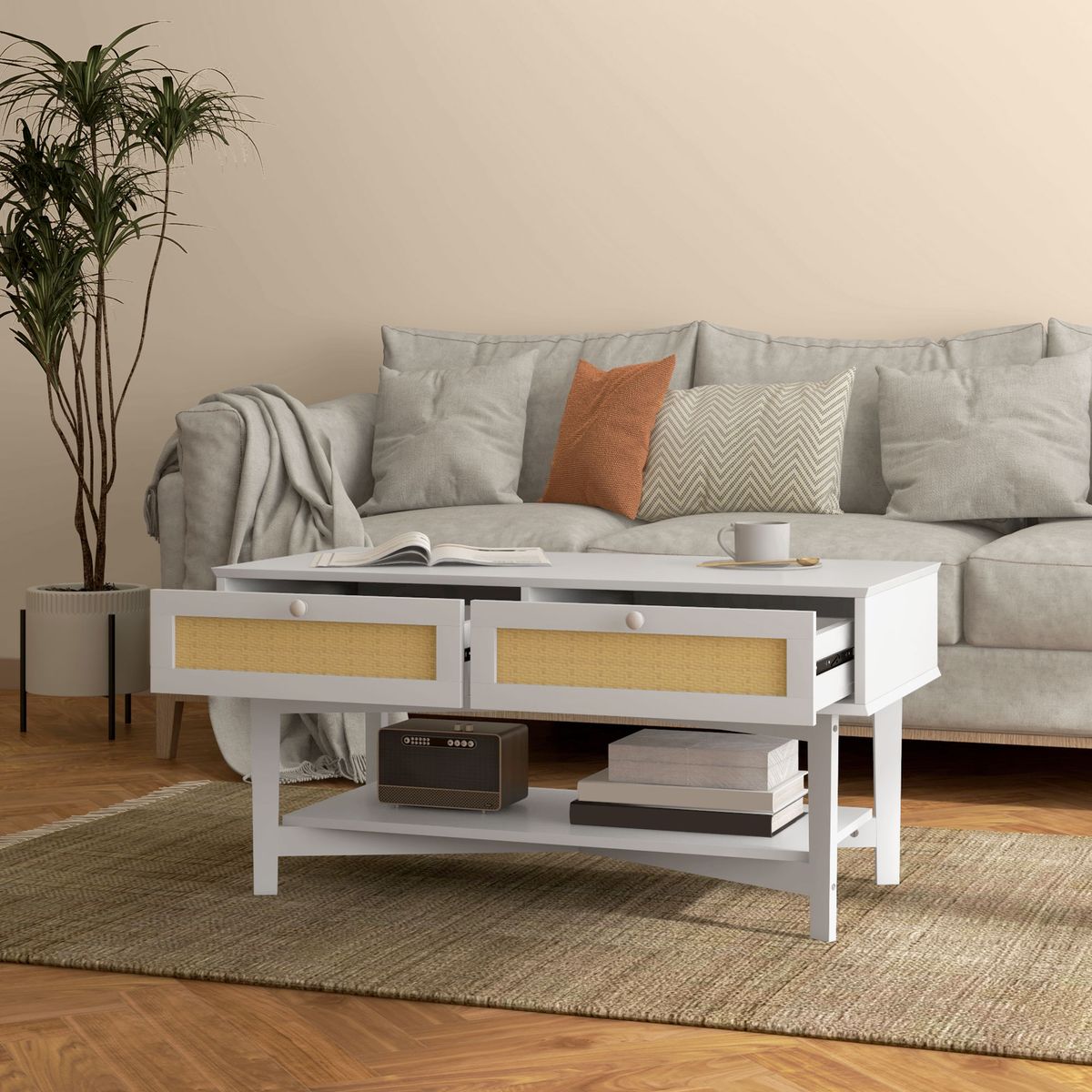 Mesa de centro Hibba Homcom 2 cajones + estante blanco 50x100x50 cm