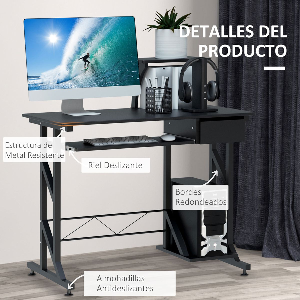 Escritorio Hof Homcom bandeja de teclado + cajón negro 95x90x50 cm