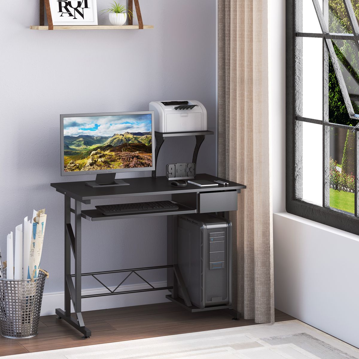 Escritorio Hof Homcom bandeja de teclado + cajón negro 95x90x50 cm