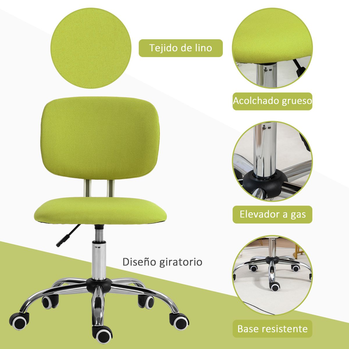 Silla de escritorio Gree Vinsetto altura regulable tapizado tela verde 80-90x48x53 cm