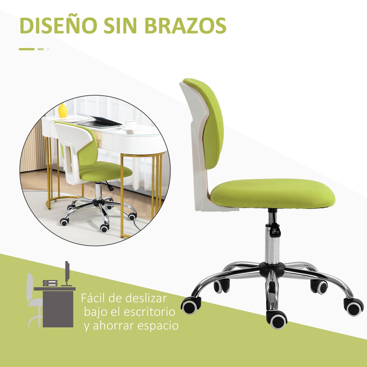 Silla de escritorio Gree Vinsetto altura regulable tapizado tela verde 80-90x48x53 cm