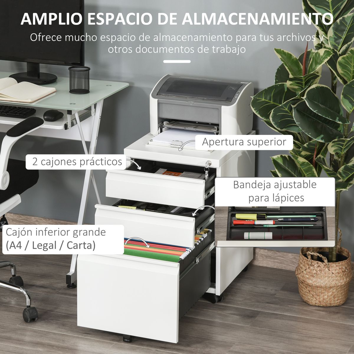 Cajonera Elite Vinsetto 3 cajones + cerradura blanco 60x39x48 cm
