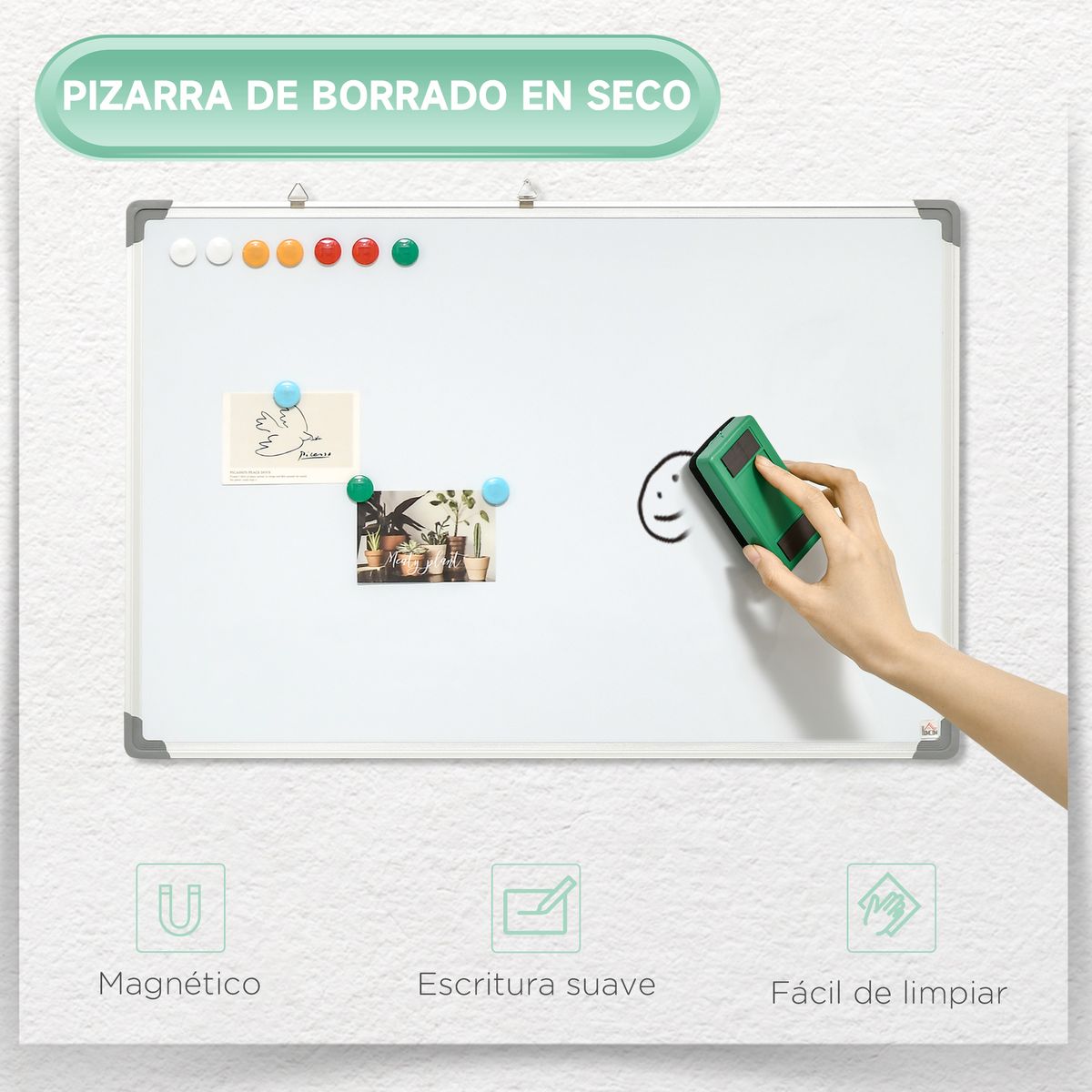 Pizarra magnética Homcom con borrador + 4 rotuladores blanco 60x90x1,8 cm