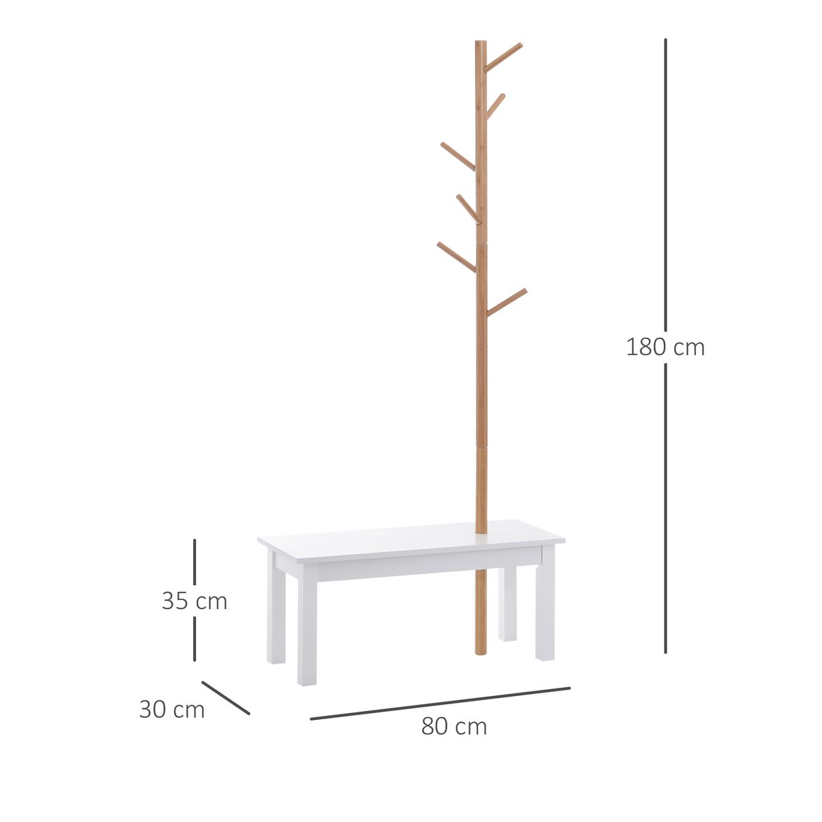 Perchero Tree Homcom 6 ganchos + banco blanco/natural 180x80x30 cm