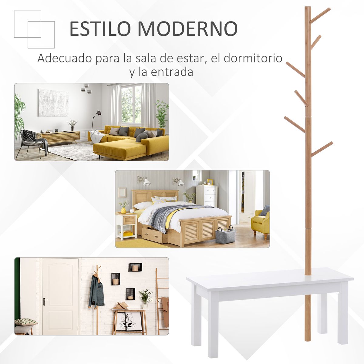 Perchero Tree Homcom 6 ganchos + banco blanco/natural 180x80x30 cm