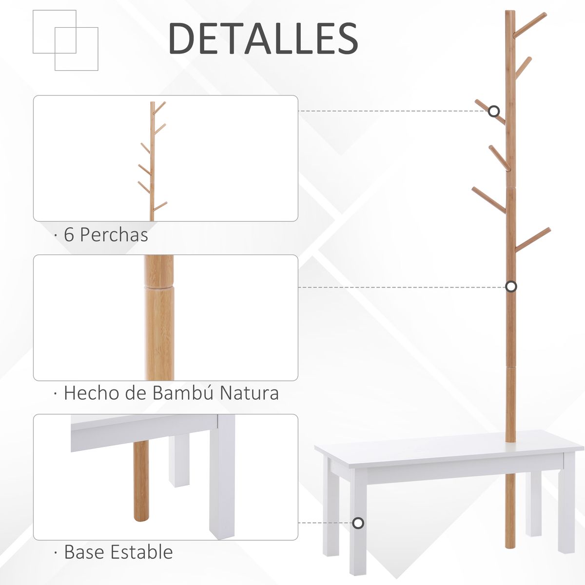 Perchero Tree Homcom 6 ganchos + banco blanco/natural 180x80x30 cm