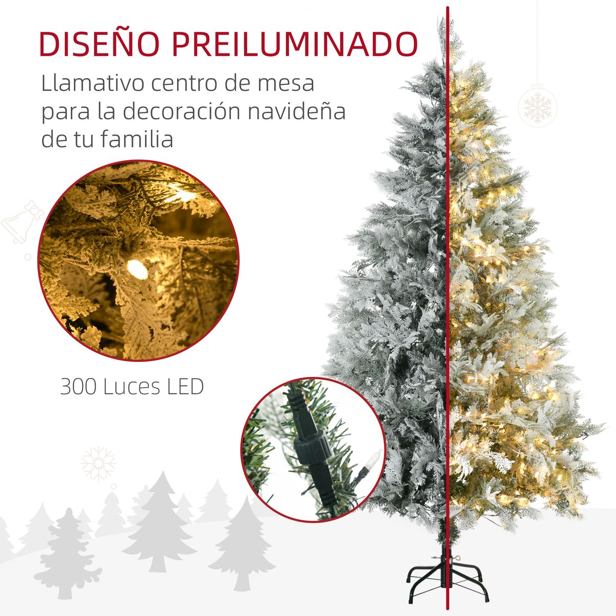 Árbol de Navidad Homcom 577 ramas 300 LEDs con efecto nevado verde/blanco Ø105x180 cm