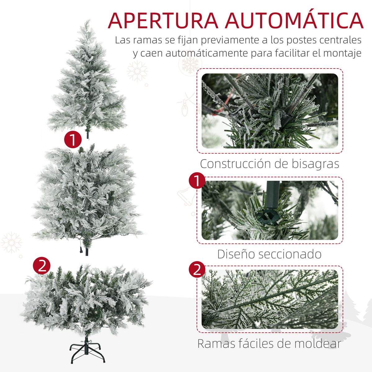 Árbol de Navidad Homcom 577 ramas 300 LEDs con efecto nevado verde/blanco Ø105x180 cm