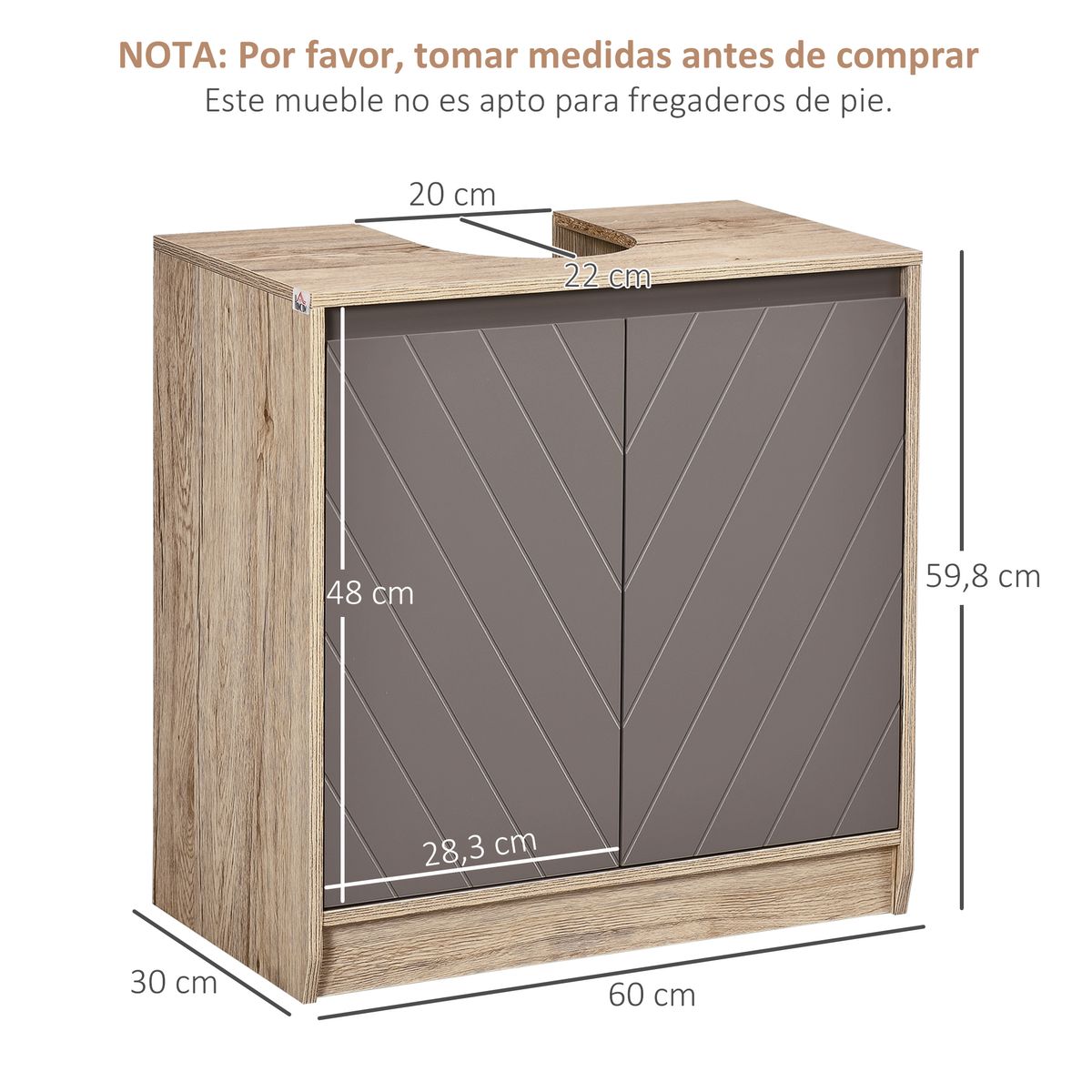 Mueble para lavabo Mole Homcom puerta doble roble/gris 59,8x60x30 cm