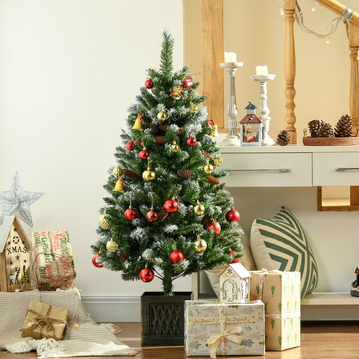 Árbol de Navidad Homcom 328 ramas efecto nevado con 20 piñas verde Ø70x120 cm
