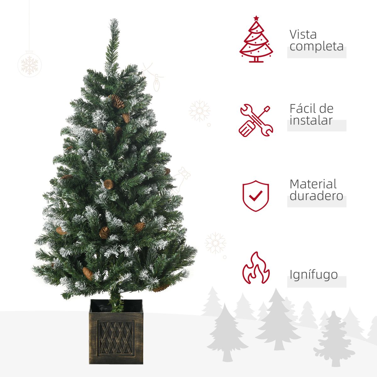 Árbol de Navidad Homcom 328 ramas efecto nevado con 20 piñas verde Ø70x120 cm