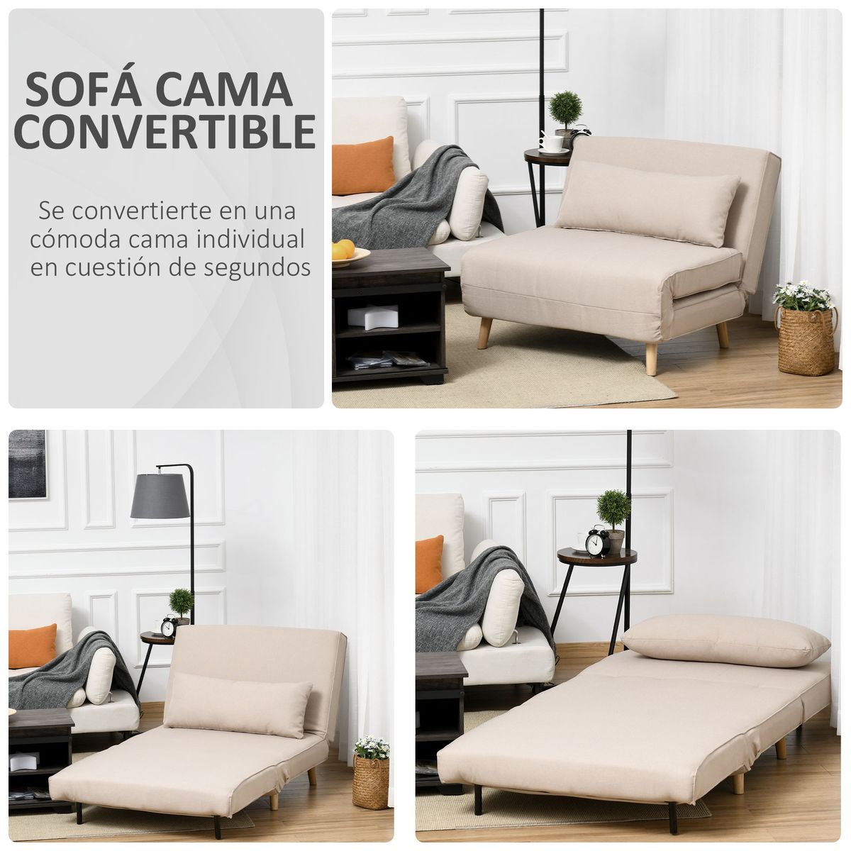 Sillón cama Derby Homcom respaldo ajustable beige 80x94x78 cm