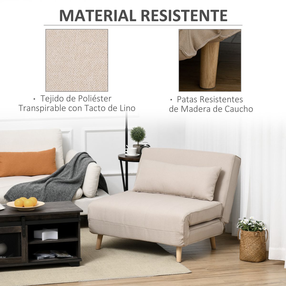Sillón cama Derby Homcom respaldo ajustable beige 80x94x78 cm