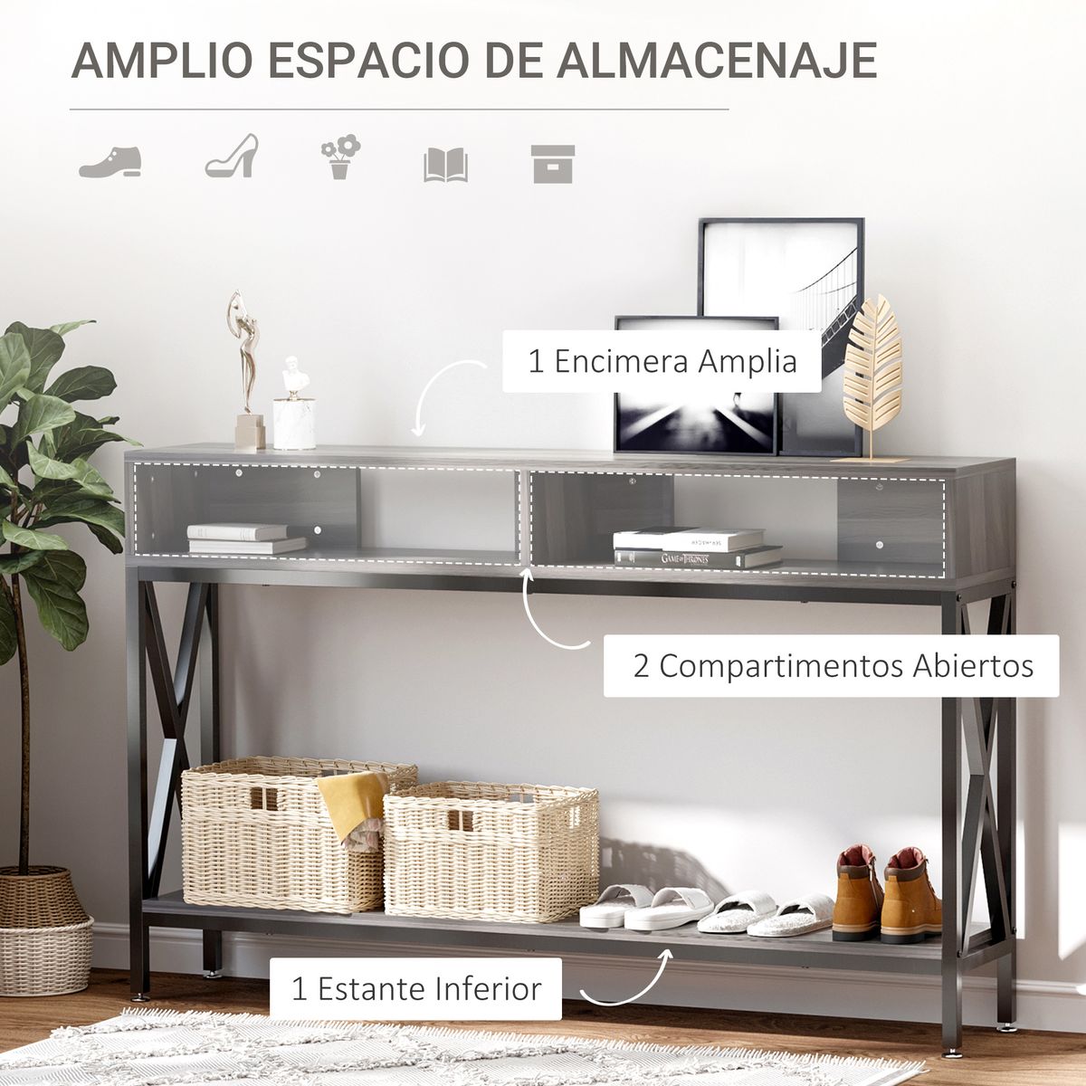 Mueble recibidor Porto Homcom 3 estantes gris/negro 75x120x23,5 cm