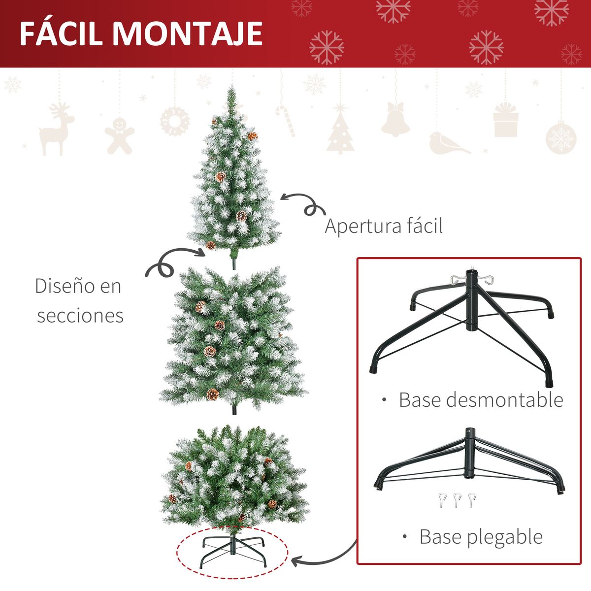 Árbol de Navidad Homcom 630 ramas con piñas verde/blanco Ø75x180 cm