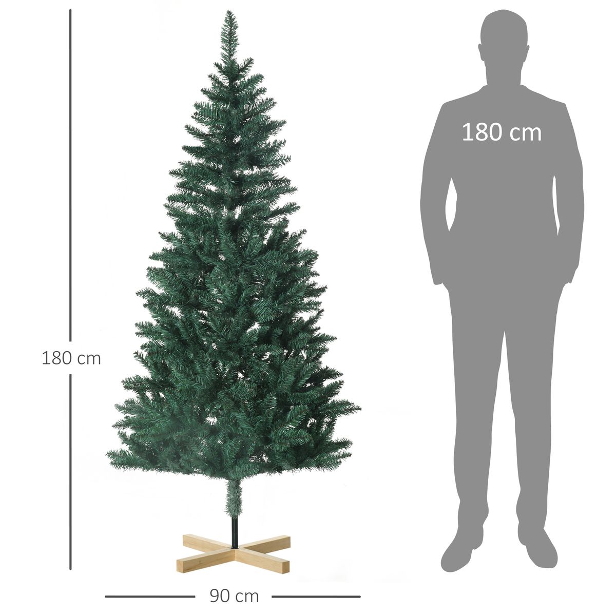 Árbol de Navidad 536 ramas con base de madera verde Ø90x180 cm medidas