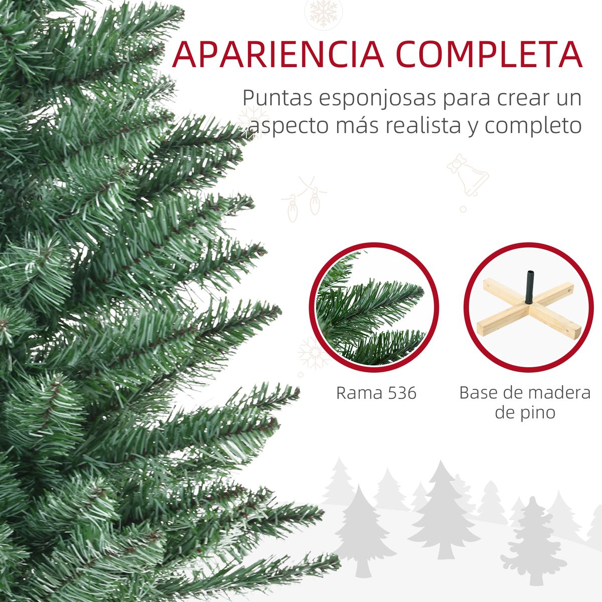 Árbol de Navidad 536 ramas con base de madera verde Ø90x180 cm detalle