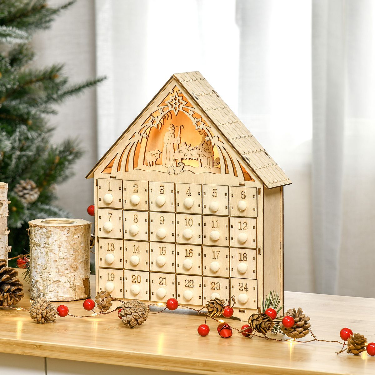 Calendario de Adviento Homcom 24 cajas madera natural 30x26,6x6 cm