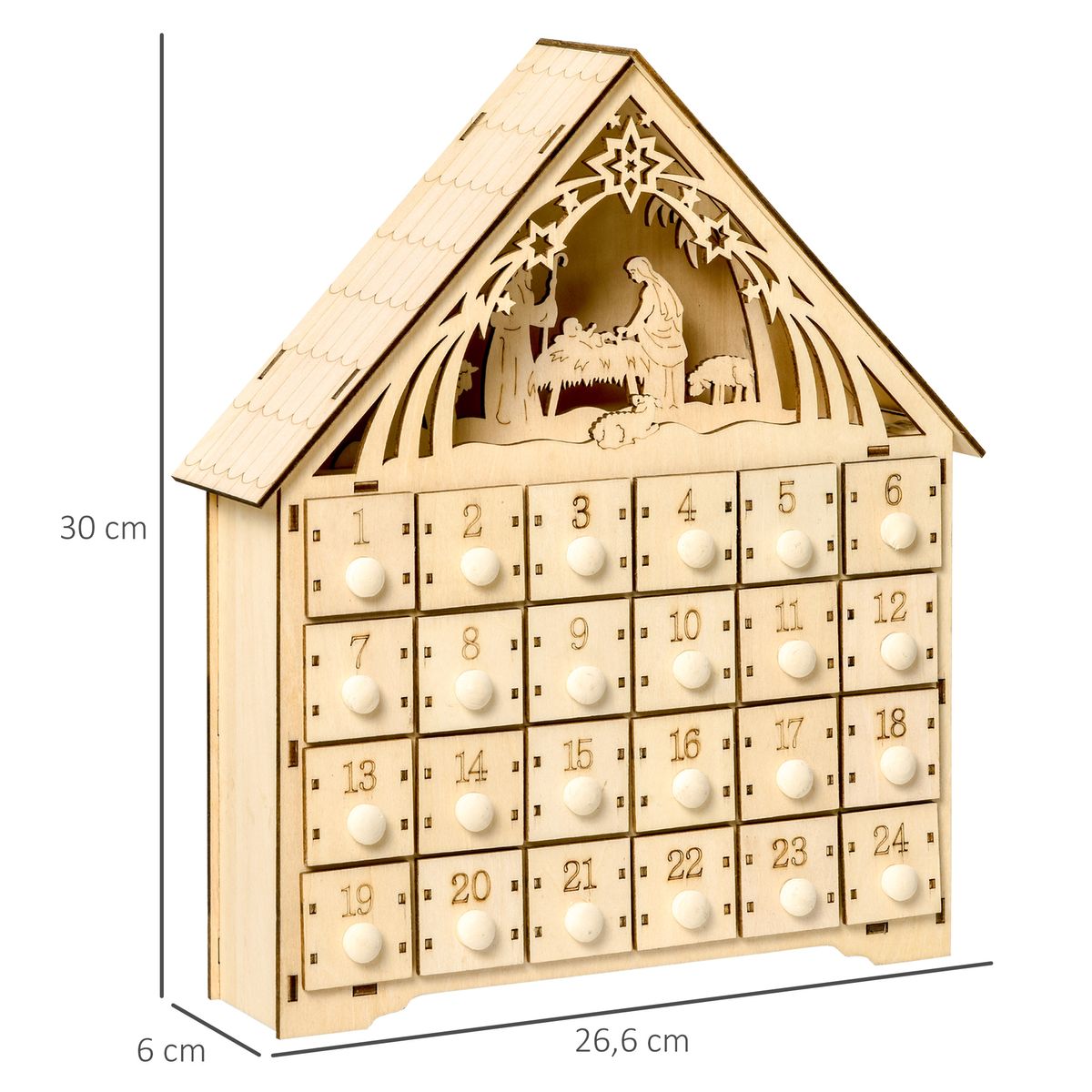 Calendario de Adviento Homcom 24 cajas madera natural 30x26,6x6 cm
