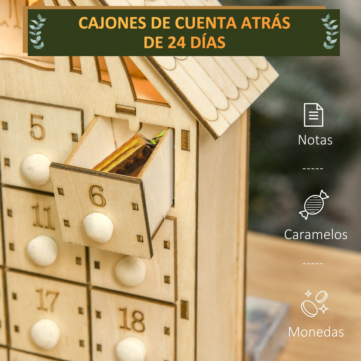 Calendario de Adviento Homcom 24 cajas madera natural 30x26,6x6 cm