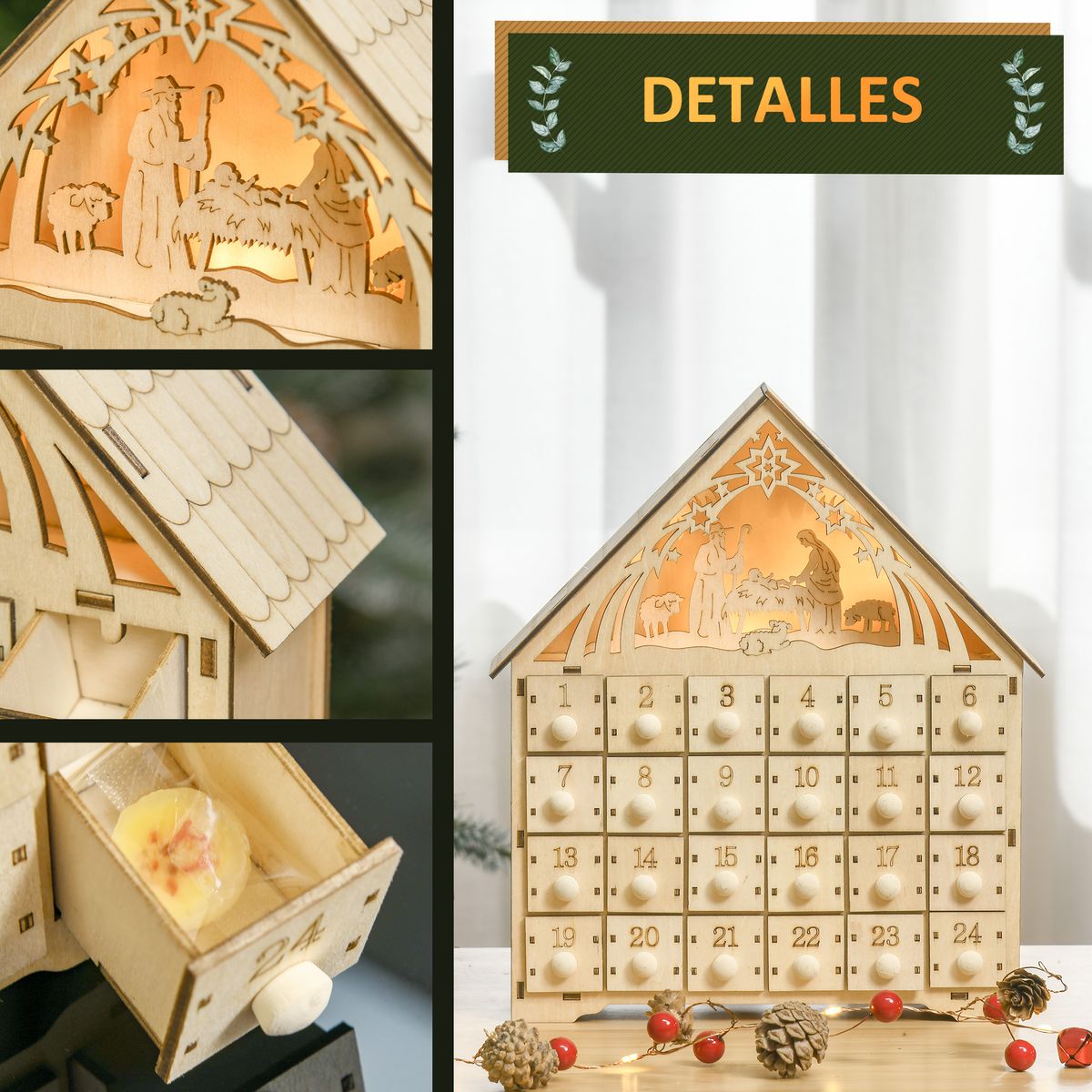 Calendario de Adviento Homcom 24 cajas madera natural 30x26,6x6 cm