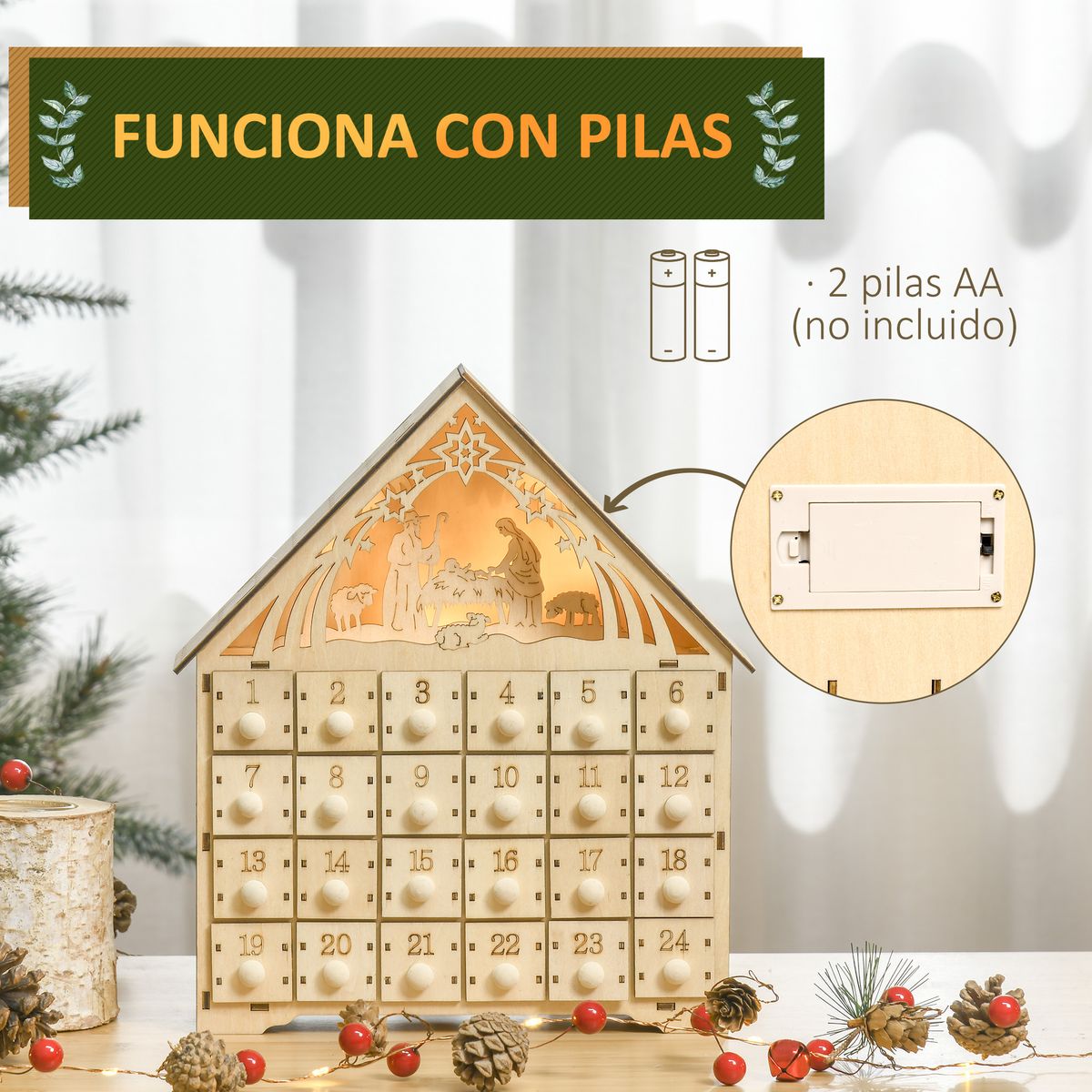 Calendario de Adviento Homcom 24 cajas madera natural 30x26,6x6 cm