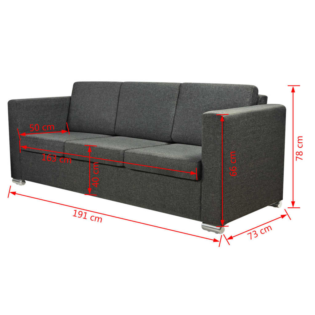Sofá de 3 plazas Mina tapizado tela gris oscuro 78x191x73 cm