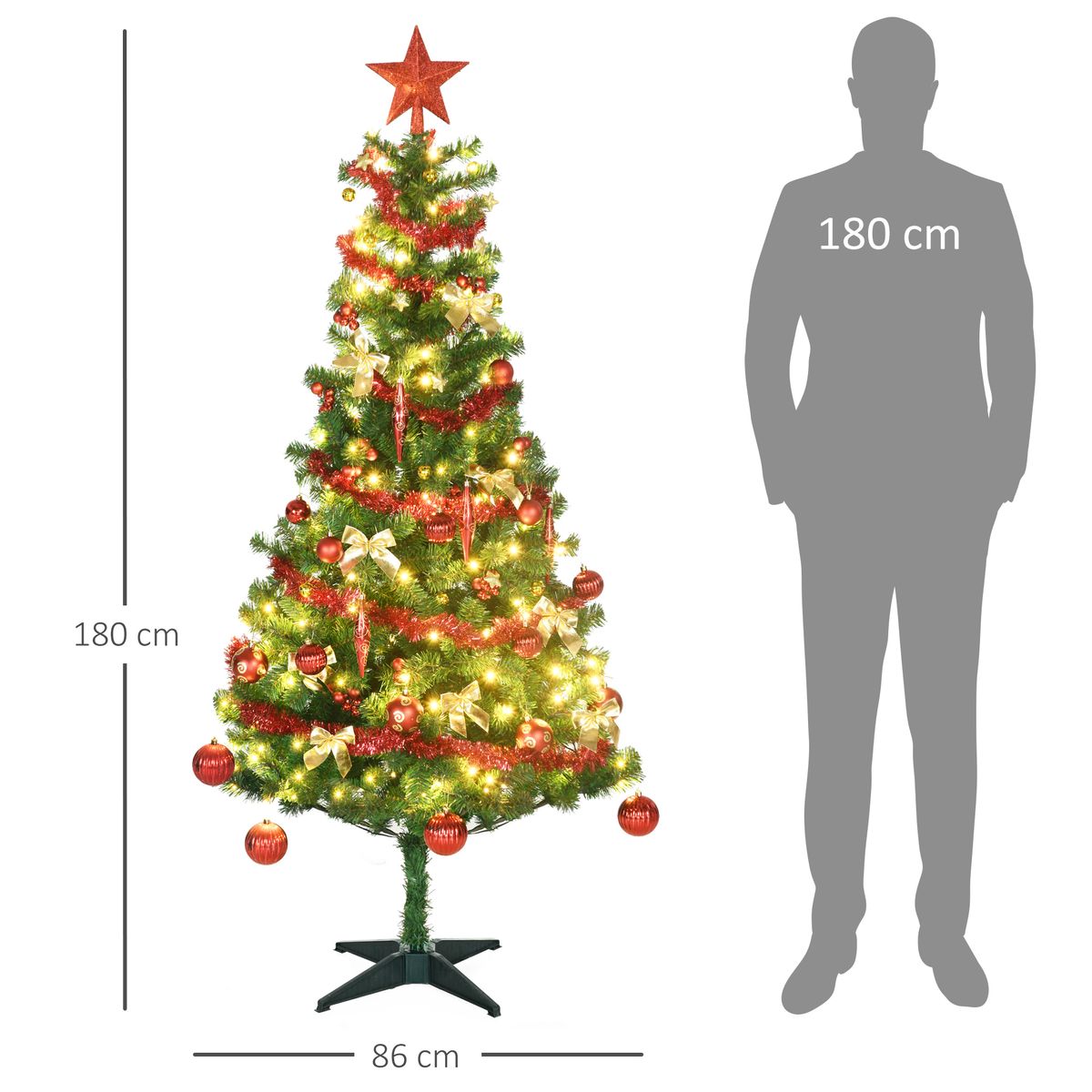 Árbol de Navidad Homcom 480 ramas 150 LEDs con decoraciones navideñas verde Ø86x180 cm