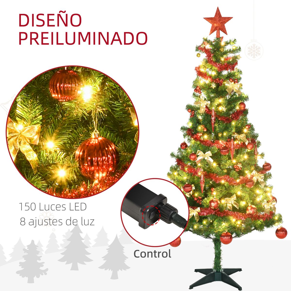 Árbol de Navidad Homcom 480 ramas 150 LEDs con decoraciones navideñas verde Ø86x180 cm