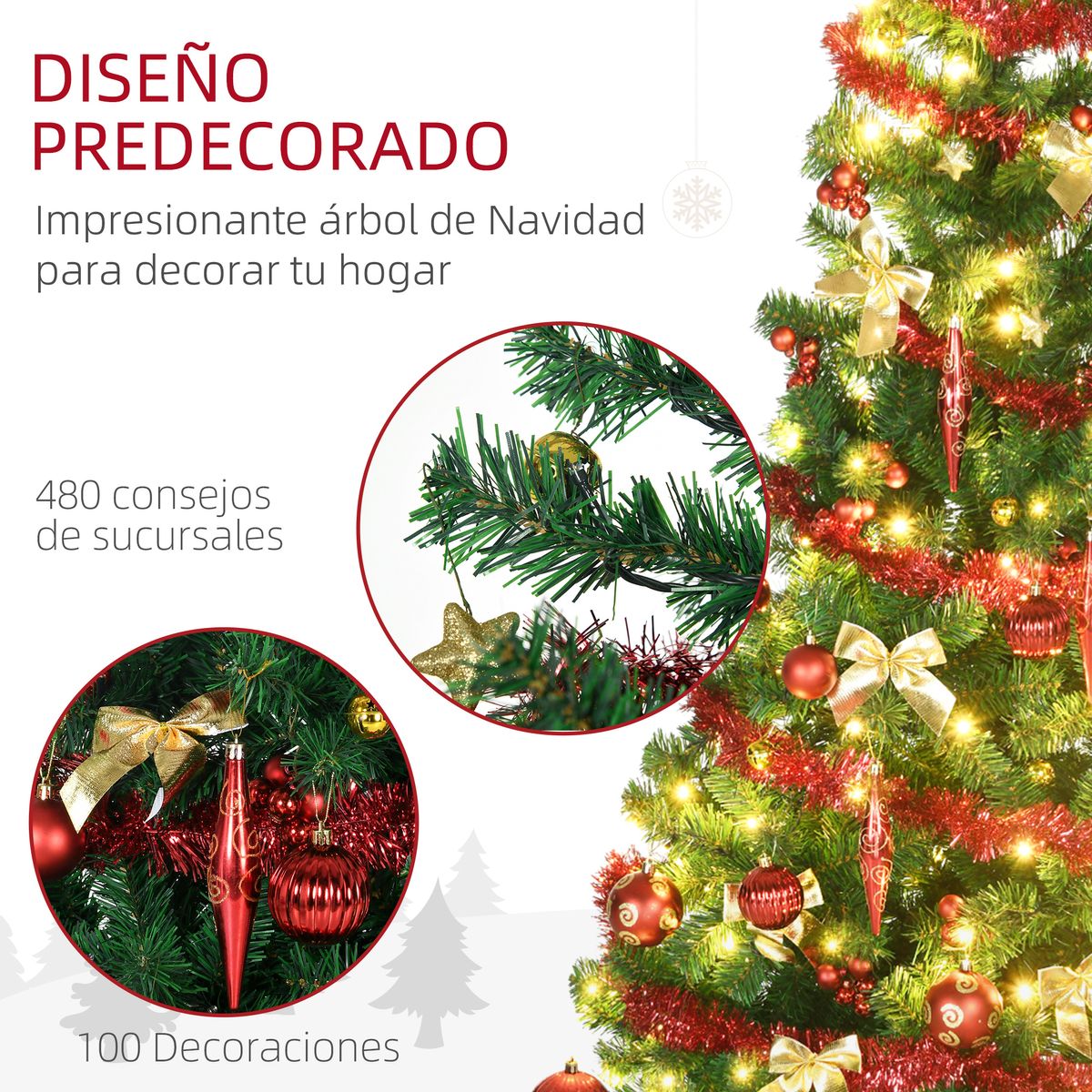 Árbol de Navidad Homcom 480 ramas 150 LEDs con decoraciones navideñas verde Ø86x180 cm