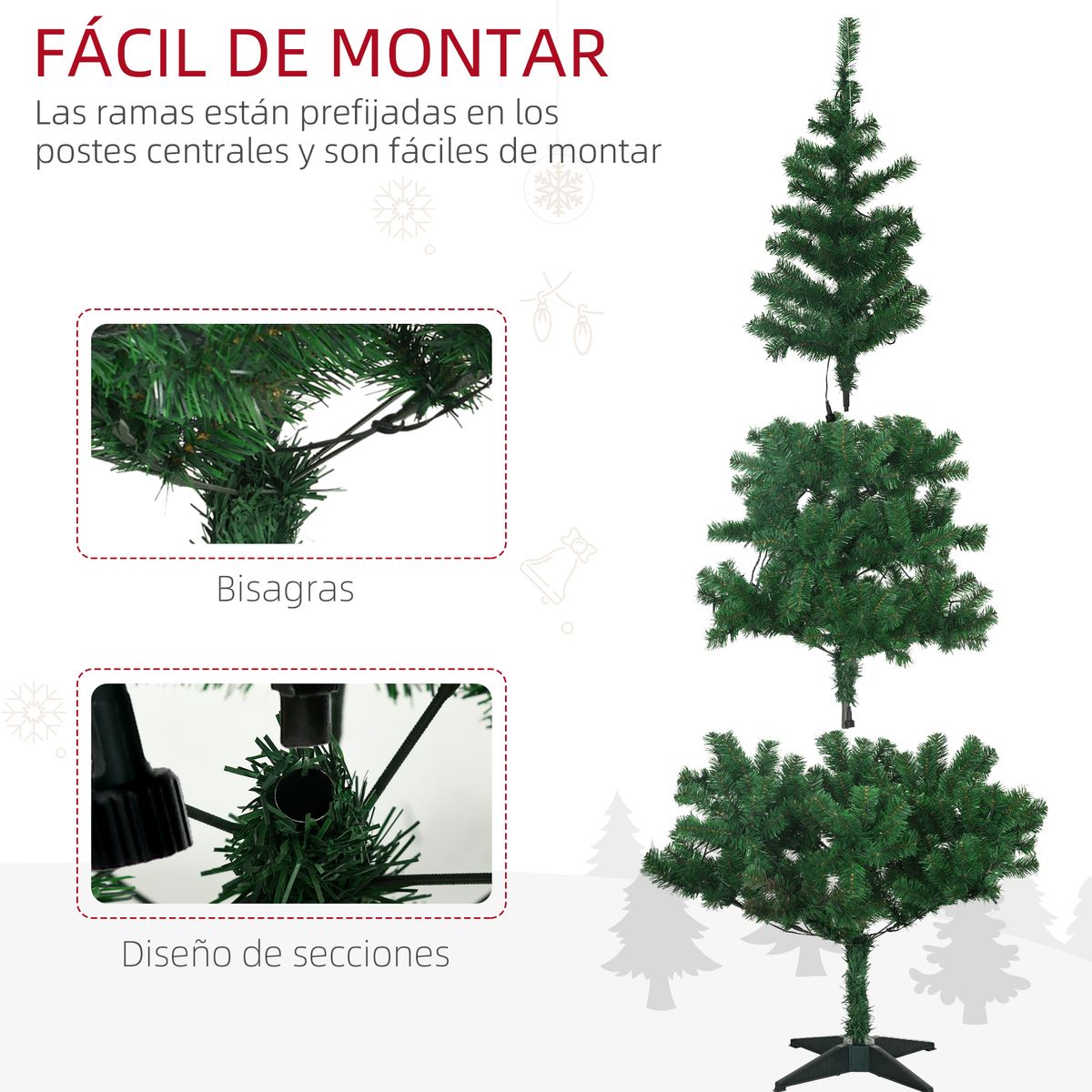 Árbol de Navidad Homcom 480 ramas 150 LEDs con decoraciones navideñas verde Ø86x180 cm