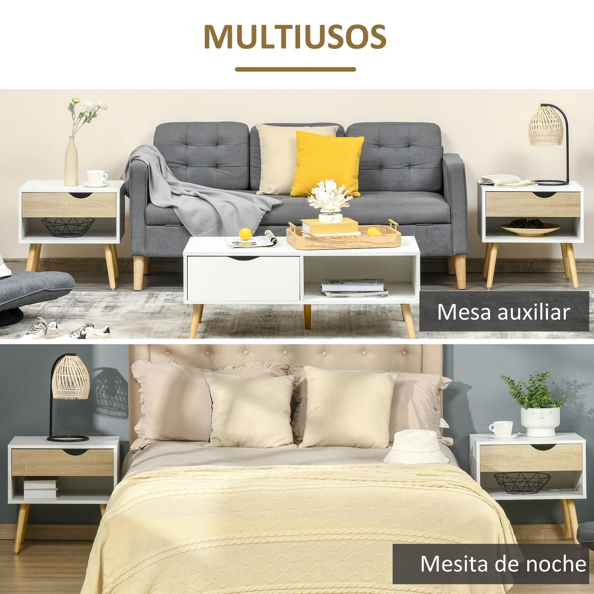 Pack de 2 mesitas de noche Nordic Homcom 1 cajón + 1 estante blanco/natural 51x50x39 cm