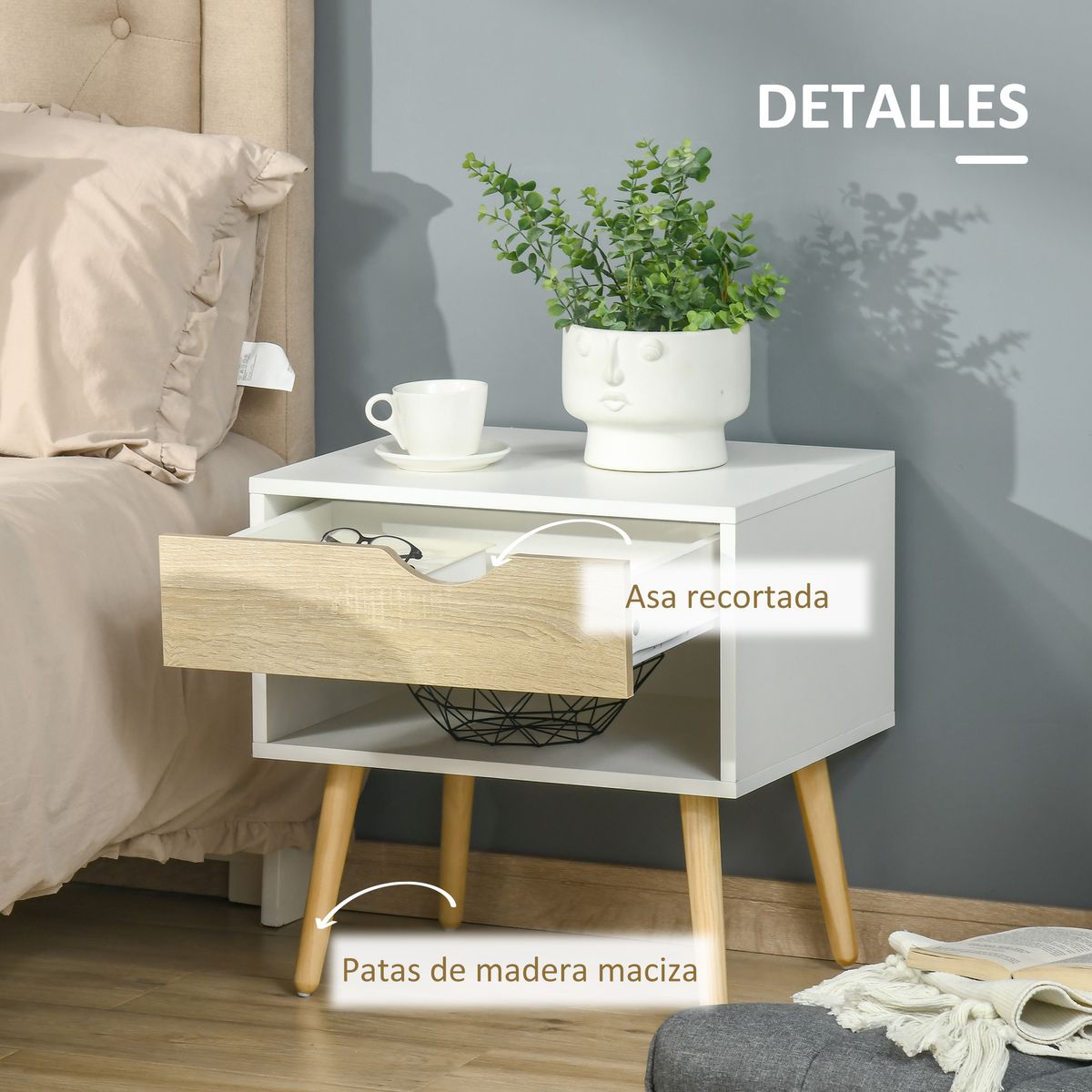 Pack de 2 mesitas de noche Nordic Homcom 1 cajón + 1 estante blanco/natural 51x50x39 cm